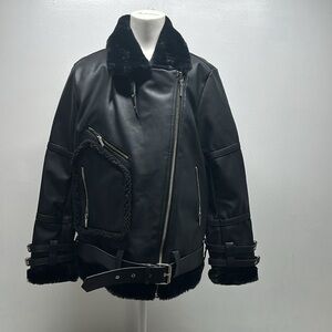 Maniere De Voir Coat Faux Vegan Leather Belted Jacket Faux Fur Silver Black 12